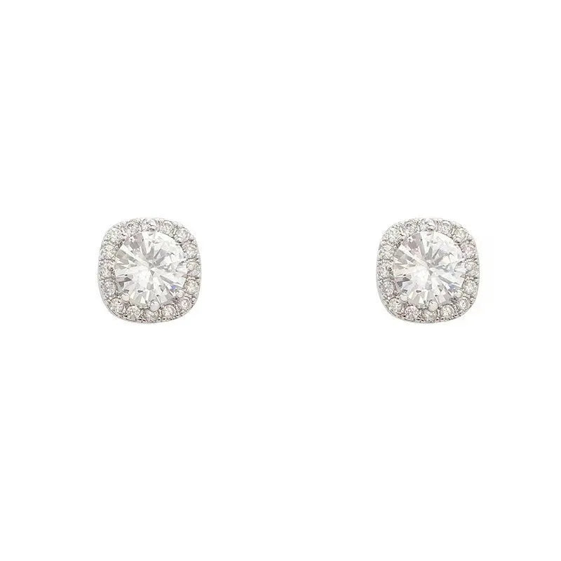 A pair of square-shaped diamond-treated alloy earrings on a white background, showing silver and gold colour options.