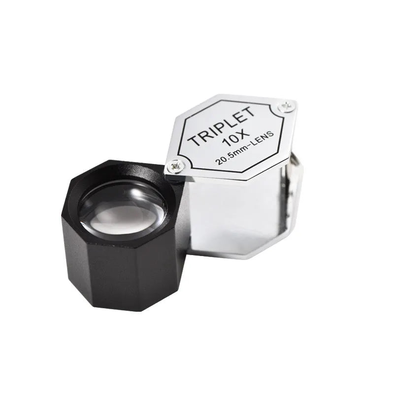 Handheld metal magnifying glass with optical glass for jewellery and coin identification at 10x to 30x magnification