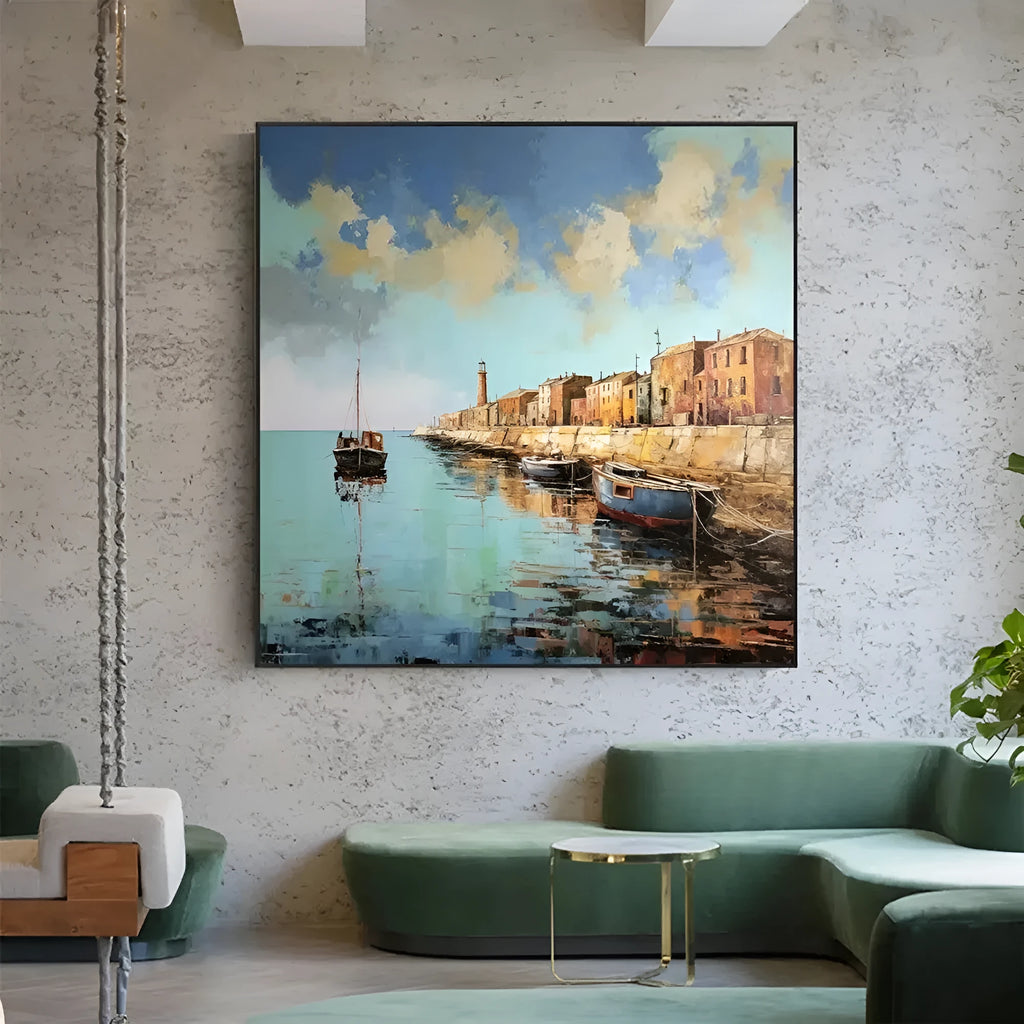 Hand painted abstract pier and boat landscape oil painting on square canvas