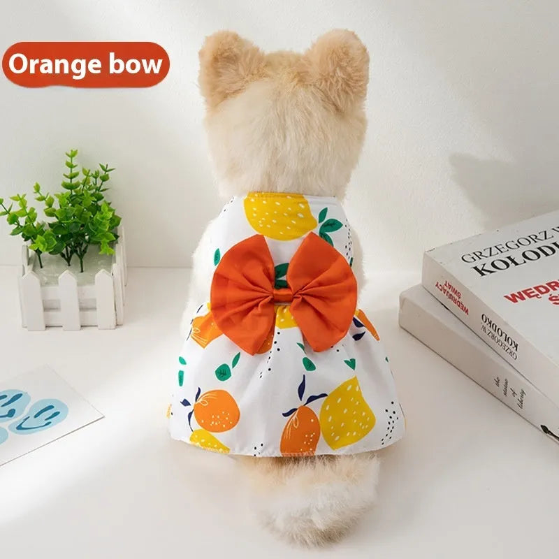Summer pet dress with floral butterfly knot design in multiple bow colours for dogs and cats