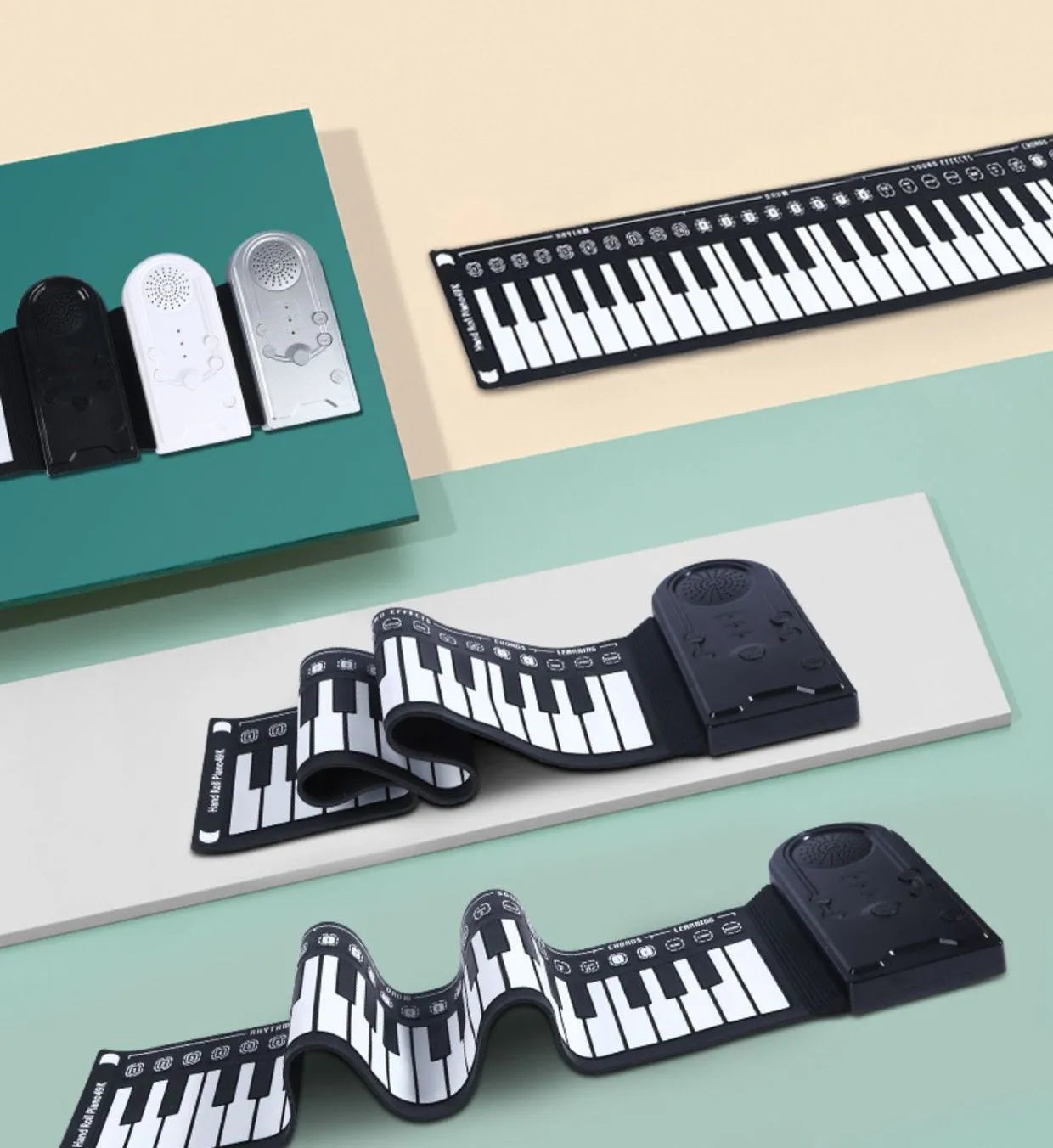 Portable 49-key folding electronic keyboard in pearl white, shown both unfolded for playing and folded for storage.