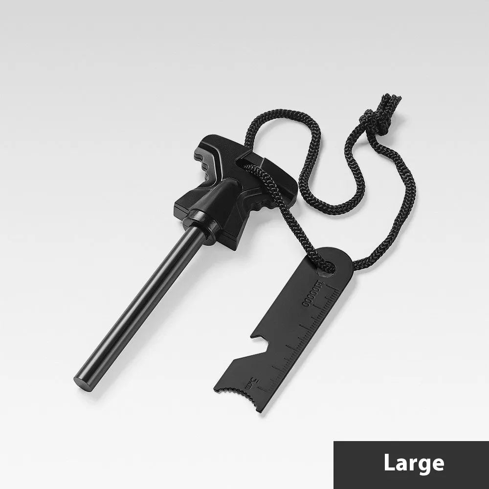 Stainless steel butterfly-shaped outdoor survival tool with fire starter striker and bottle opener.