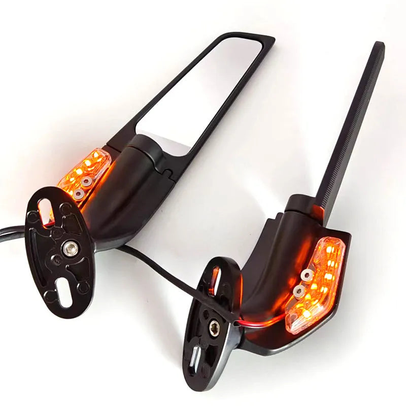 Pair of yellow aluminium motorcycle rearview mirrors with convex glass and integrated reflector lights