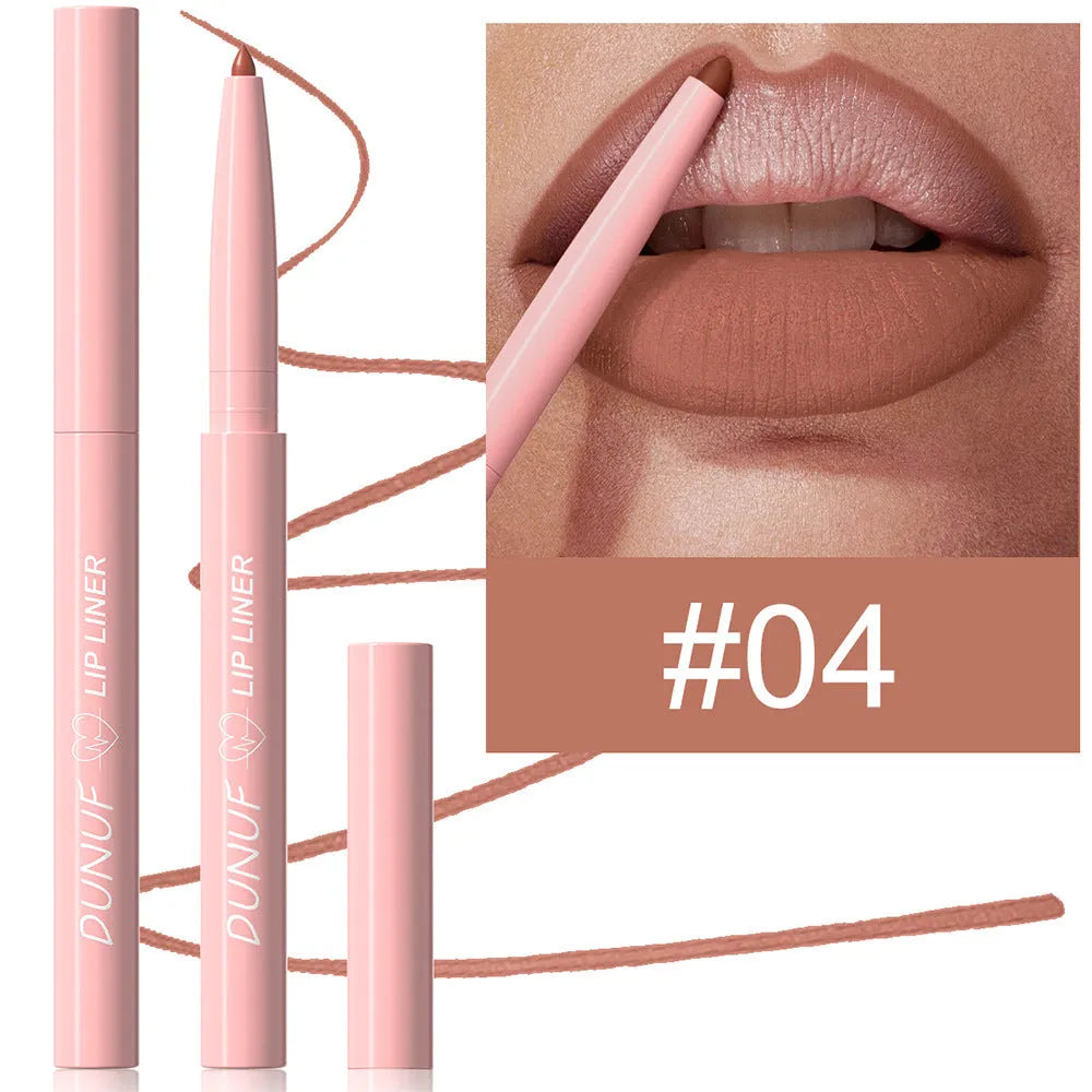 A single velvet matte lip liner pencil with 12 colour shade options shown, for precise lip definition.
