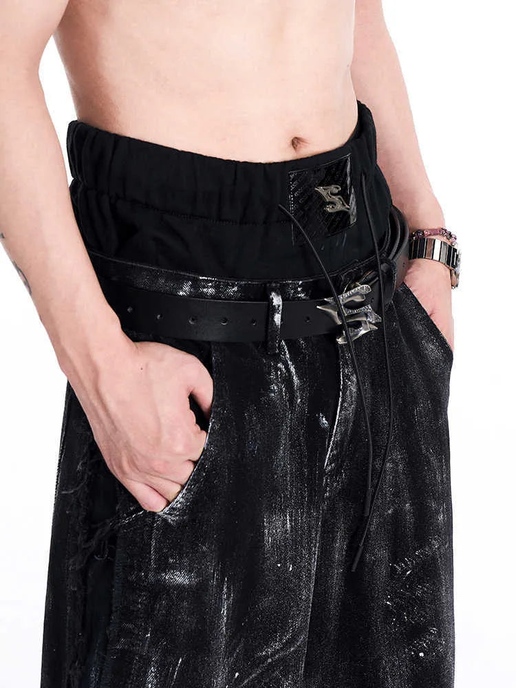 Black men's leather belt with a metal letter buckle on a two-layer cowhide strap.