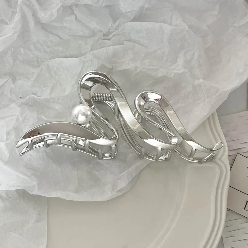 Silver metal hair barrette claw clip with electroplated finish and decorative design