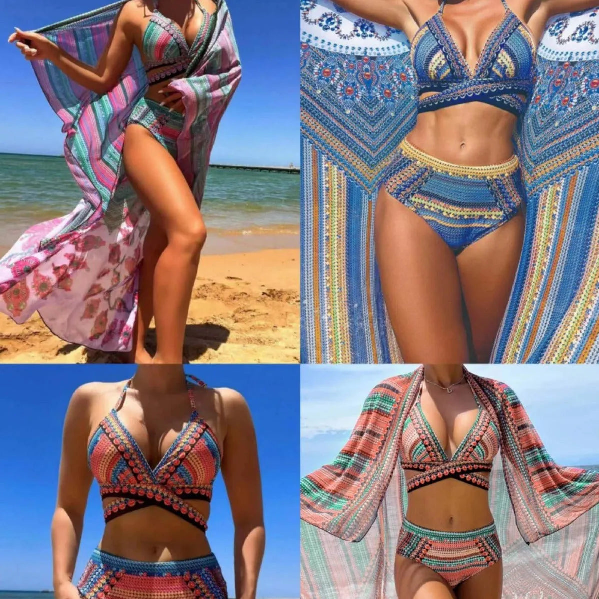 Women's blue three-piece bikini swimsuit with cross bandage bra, high waist briefs and veils split smock