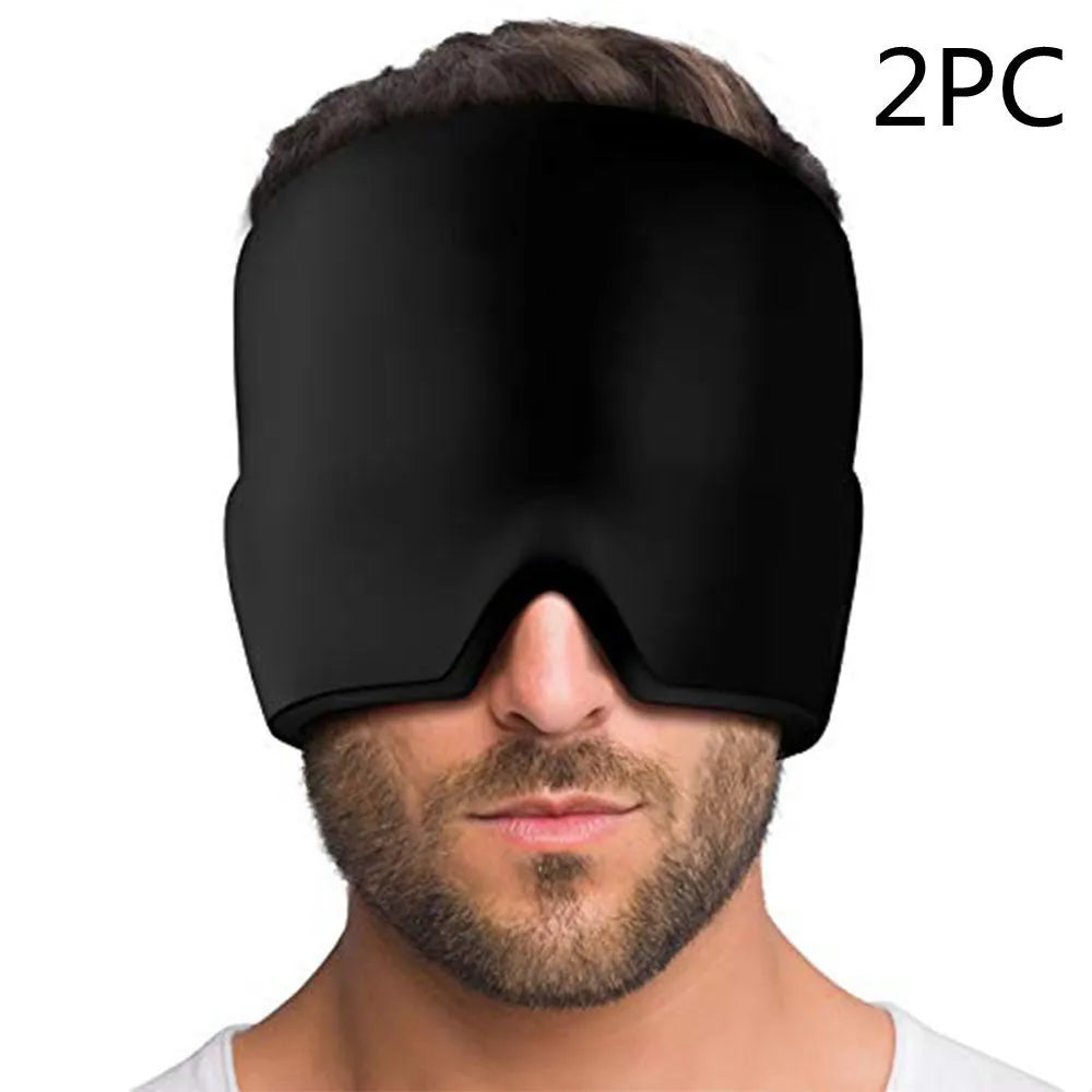 Cold therapy gel eye mask for headache relief in black colour on forehead