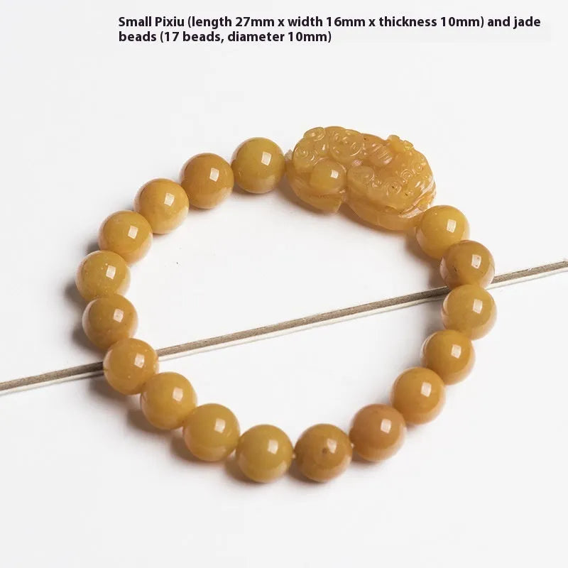 Carved Golden Thread Jinsi Jade bracelet with money motif on adjustable cord, shown in two bead sizes.