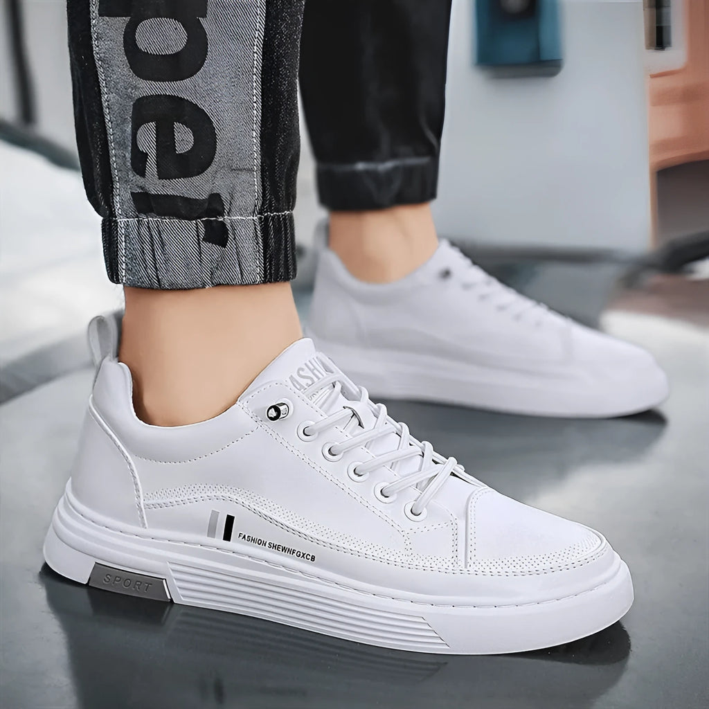 Men's white and black microfiber skateboard shoes with elastic band and rubber sole