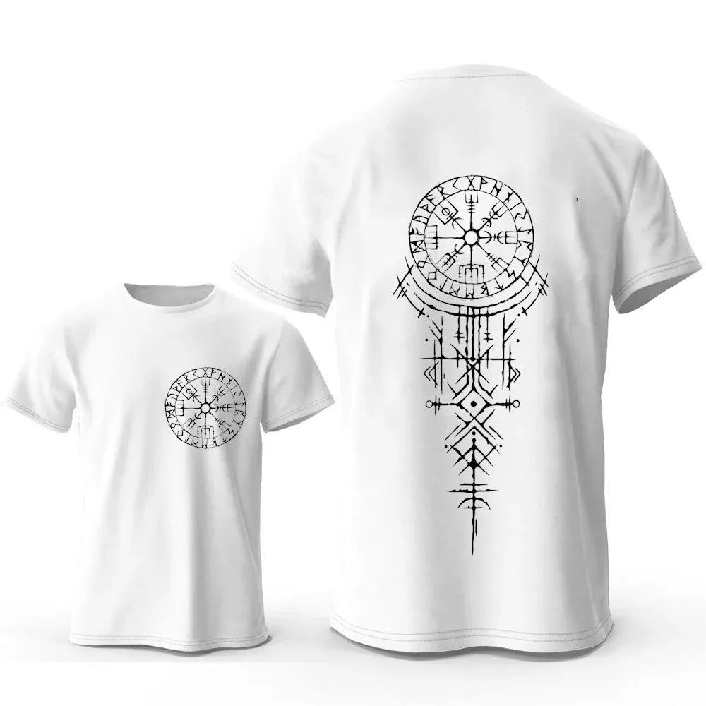 Men's grey T-shirt with a detailed Viking rune compass graphic printed on the chest.