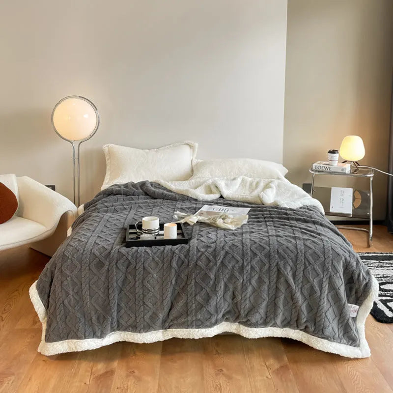 Polyester thermal flannel winter blanket in beige colour, laid flat showing its 180x200cm size and textured fabric.