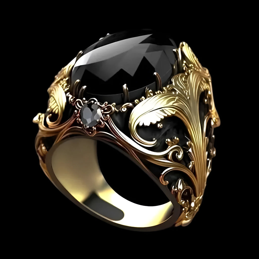 Men's silver wide face ring with geometric imitation gem ornamentation showing irregular faceted design