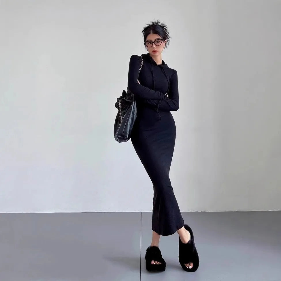 Women's grey hooded long sleeve sheath dress with high waist, shown knee-length.