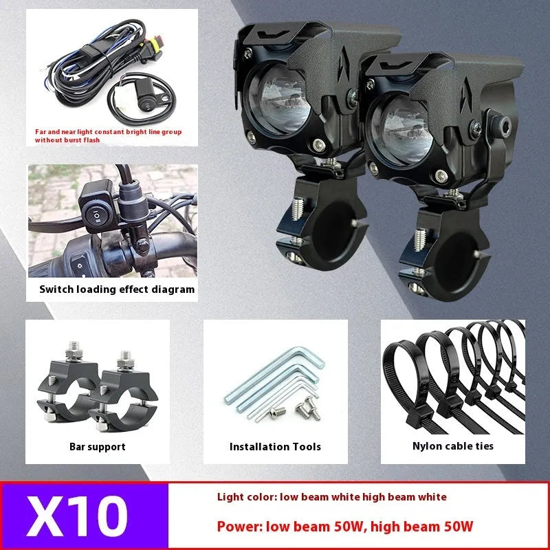 Motorcycle LED spotlight kit with tangent lens for electric vehicle modifications