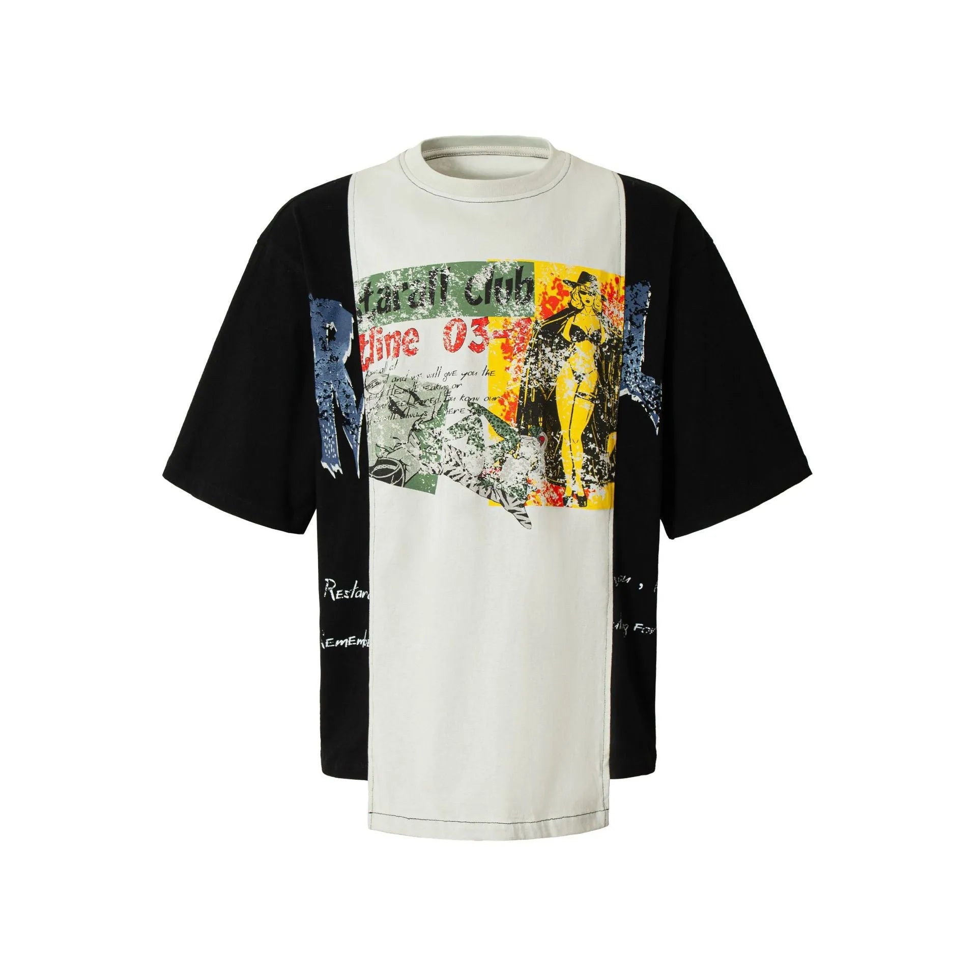 Men's black and white broken collage print t-shirt with loose fit and short sleeves