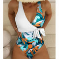 Women's high-waist one-piece bikini swimsuit with printed pattern design
