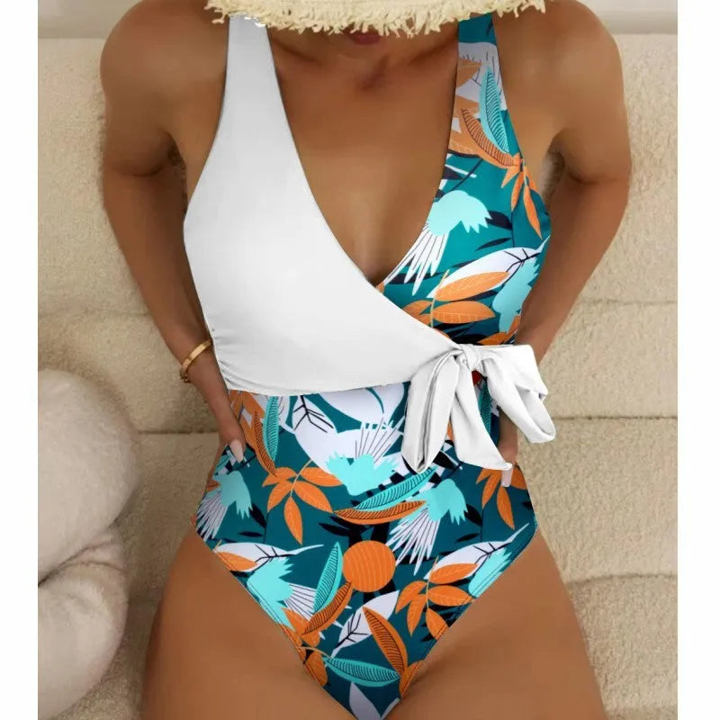 Women's high-waist one-piece bikini swimsuit with printed pattern design