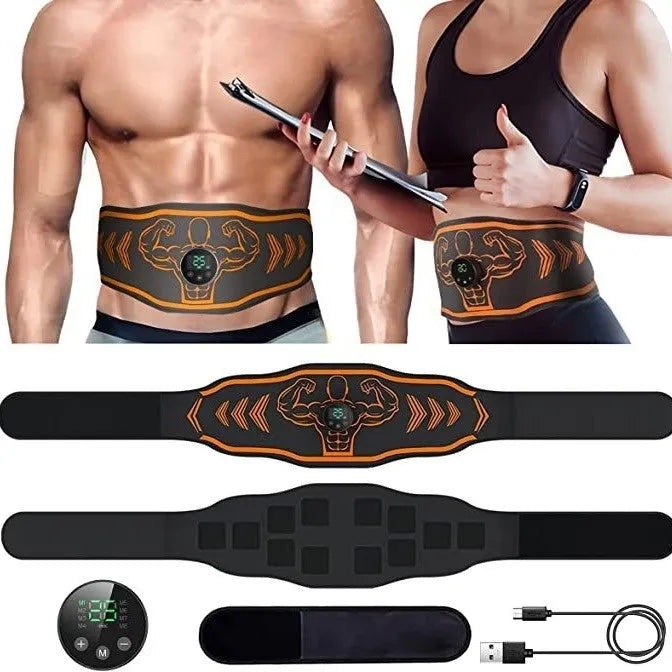 Smart EMS Massage Belt fitness equipment with blue host, main belt, and arm stickers on a grey background.