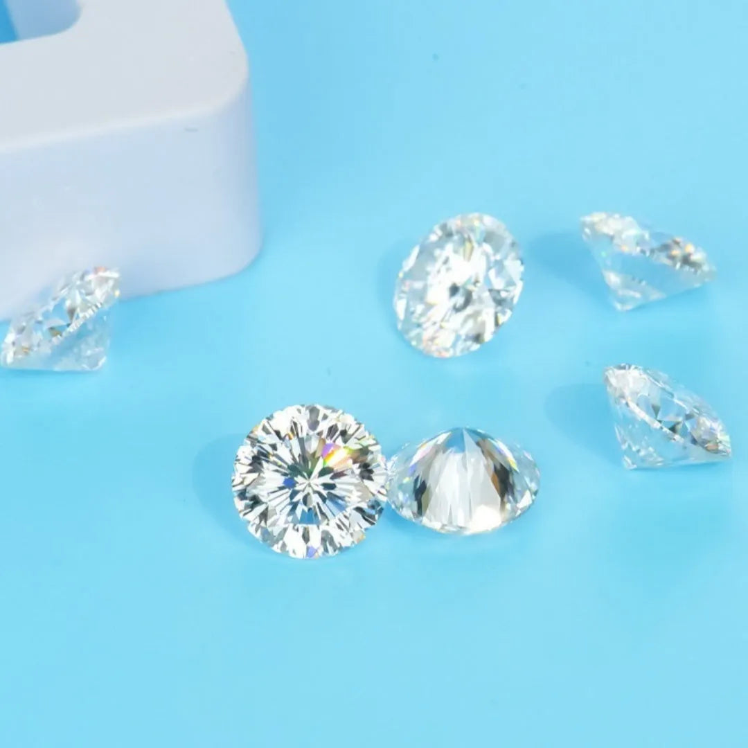 Round moissanite gemstone showing the eight hearts and eight arrows faceting pattern.
