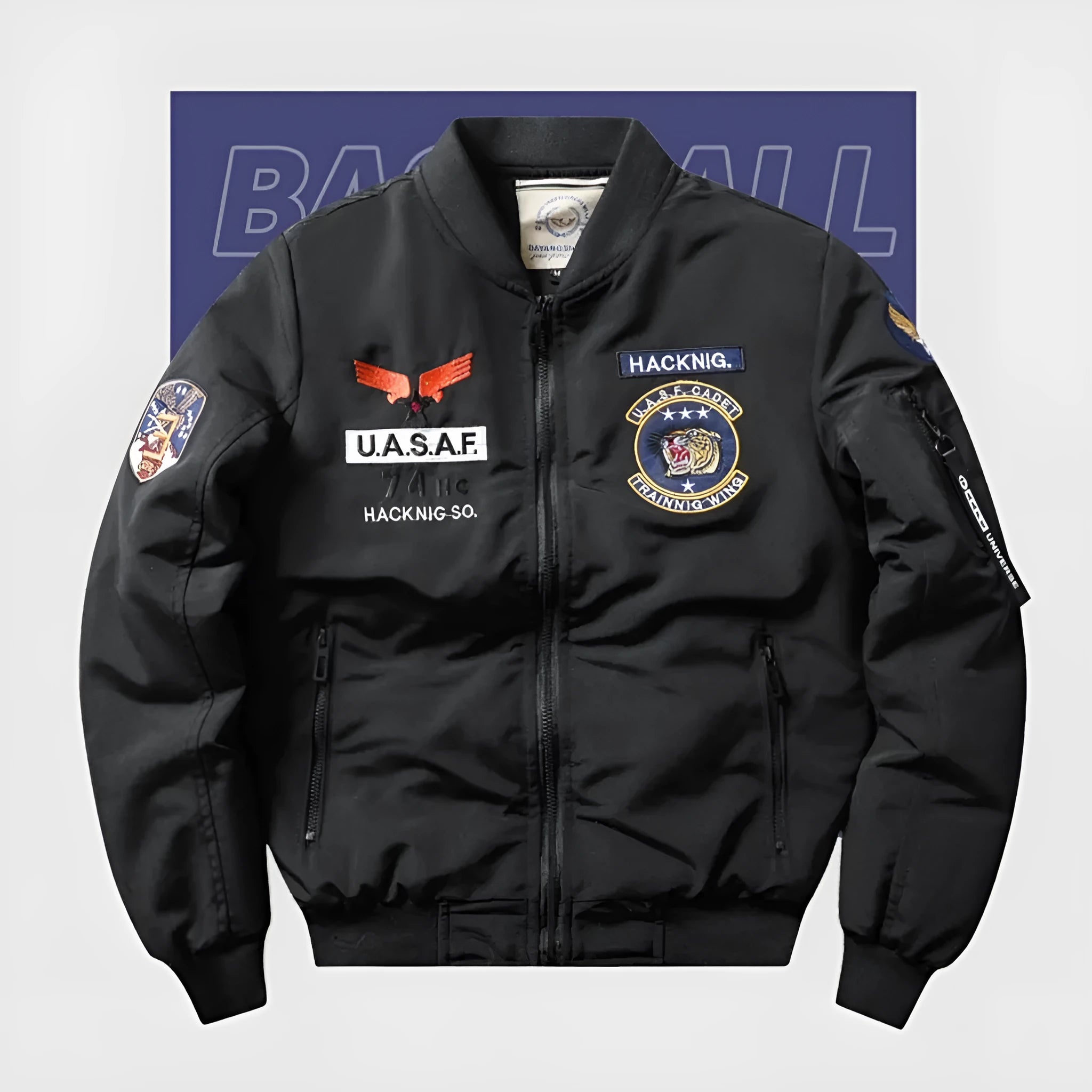 Men's slim-fit stand collar motorcycle coat in black with embroidery detailing and patch pockets
