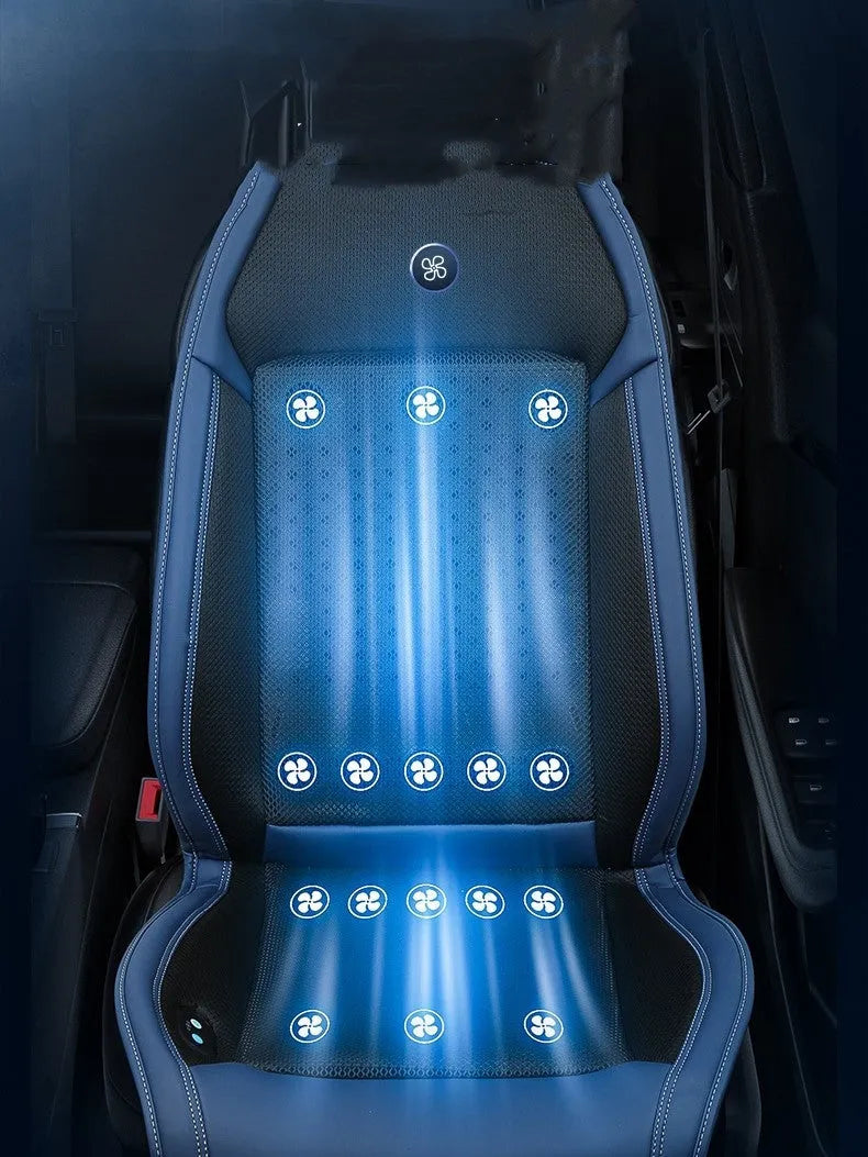 Black car seat cooling pad with USB cable connected to 12V vehicle outlet