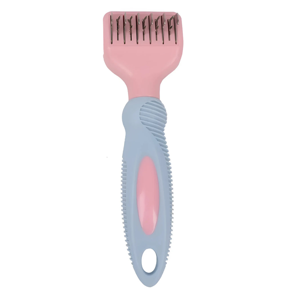 Pink stainless steel pet grooming comb with knot knife on a 170mm long handle.