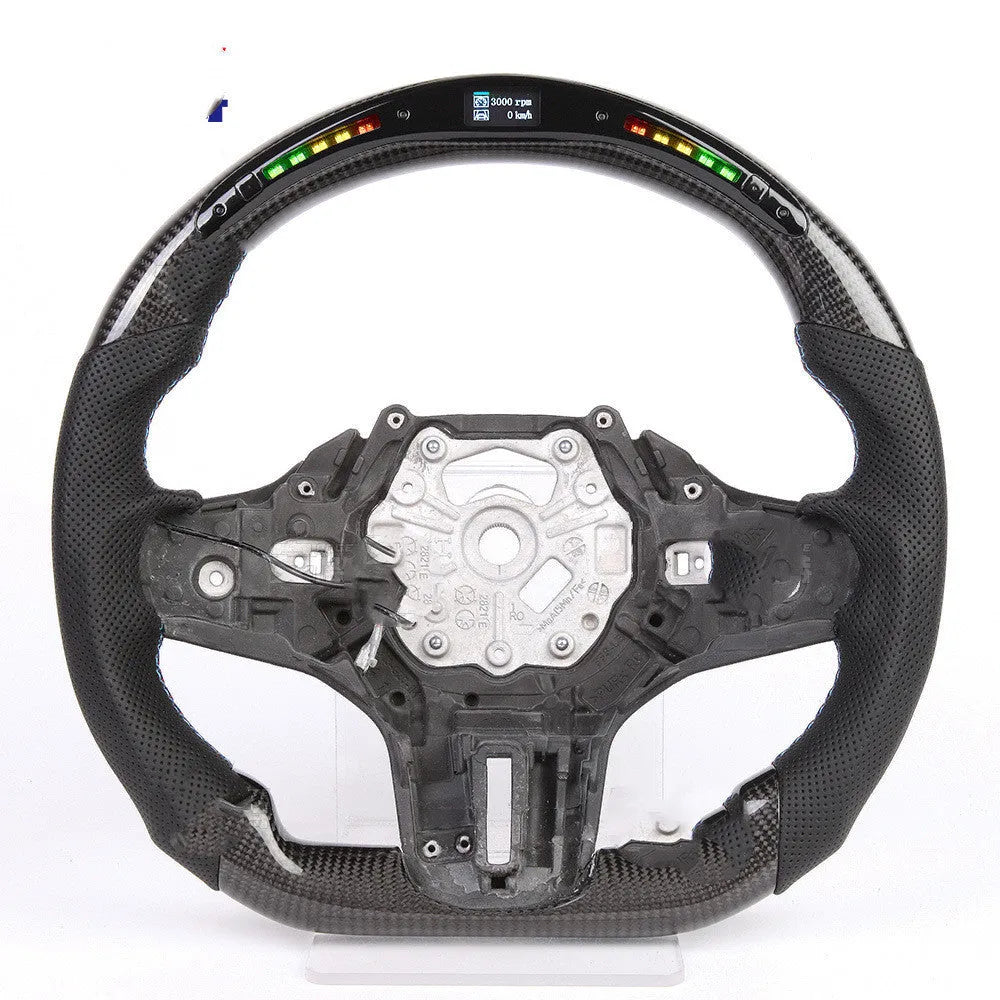 Black carbon fibre BMW sports steering wheel with LED display for X3 X5 models.