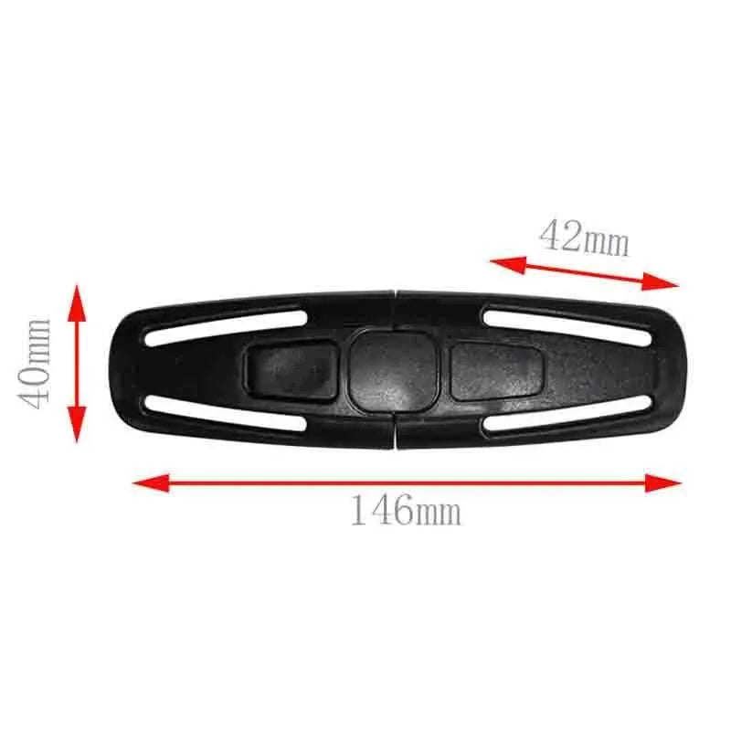 Black nylon child car seat belt buckle clip for 5-point harness, measuring 14.5 by 4 centimetres.