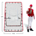 Red portable baseball training net with adjustable height metal frame