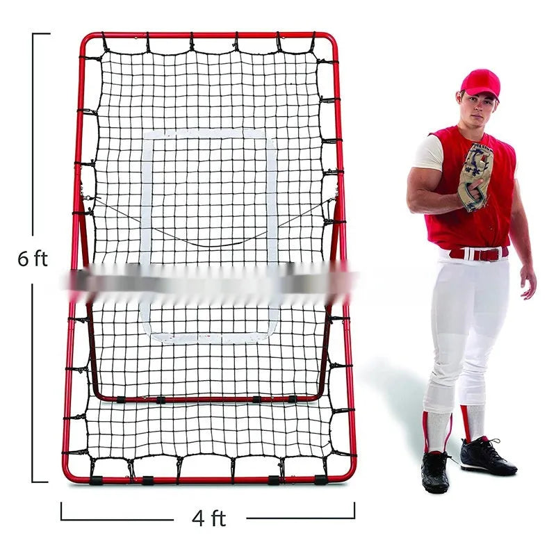 Red portable baseball training net with adjustable height metal frame