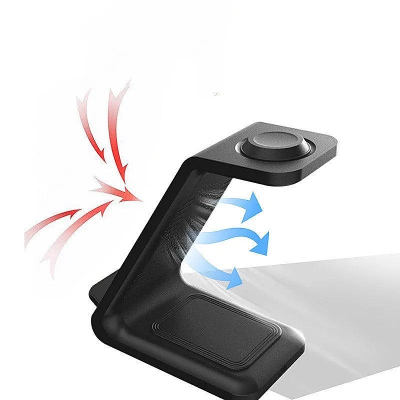 White upright wireless phone charger with dual-coil design and QC3.0 support on a desk.