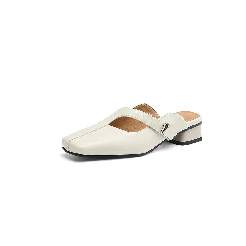 British style square toe slippers in black, beige or silver with low heel and casual design