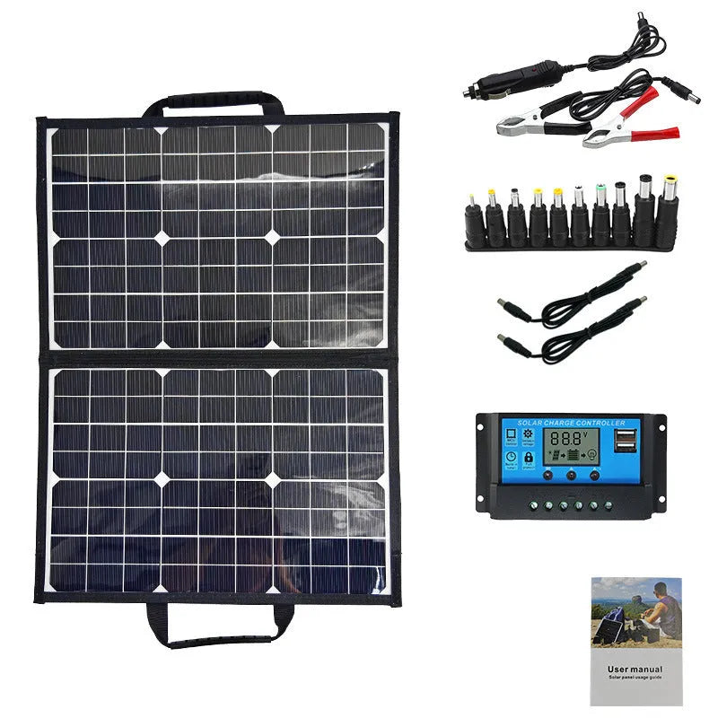 Black 40W foldable solar panel charger shown in its carry bag, with dimensions 425x285mm.
