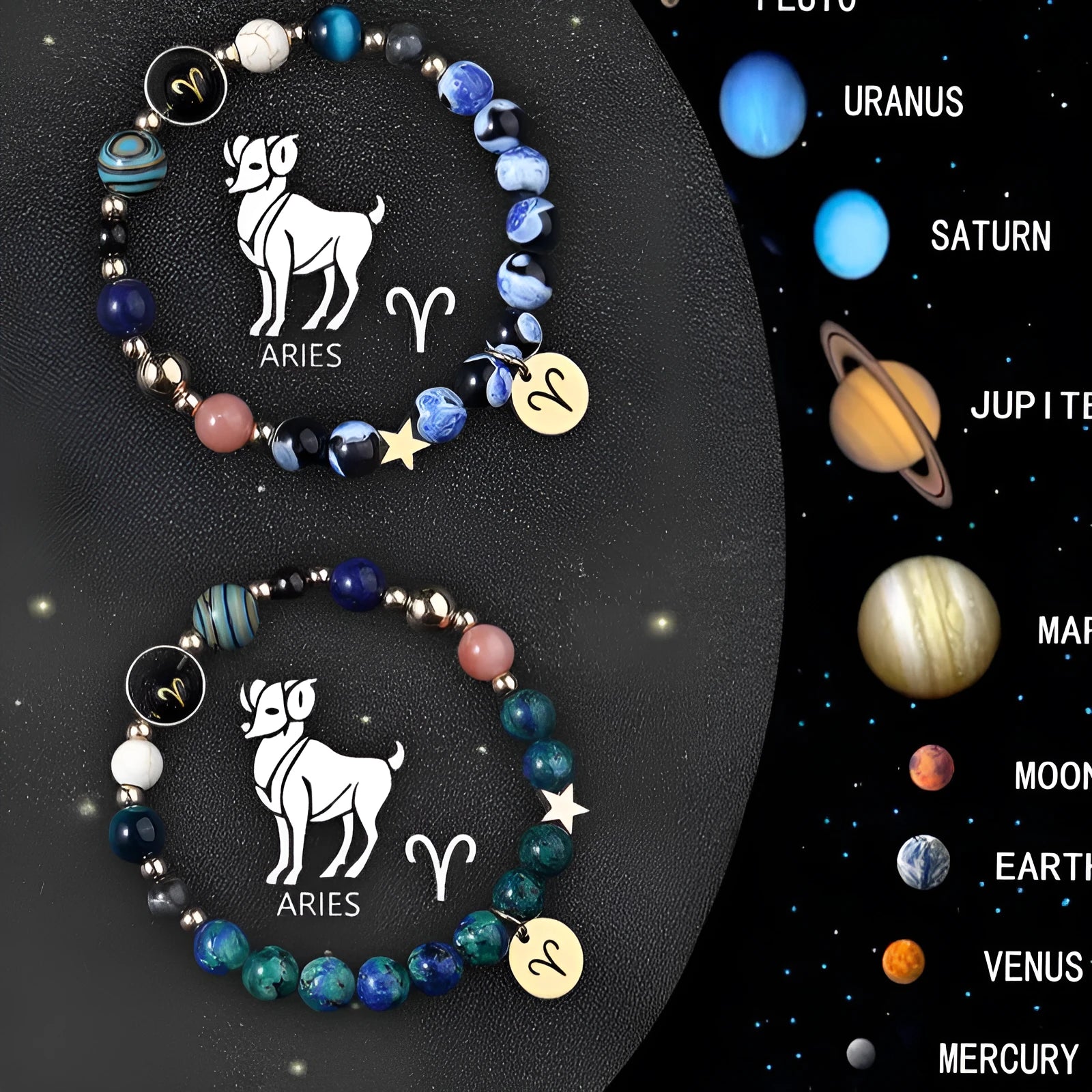 Set of two beaded bracelets made from natural stone, representing Chinese zodiac signs.