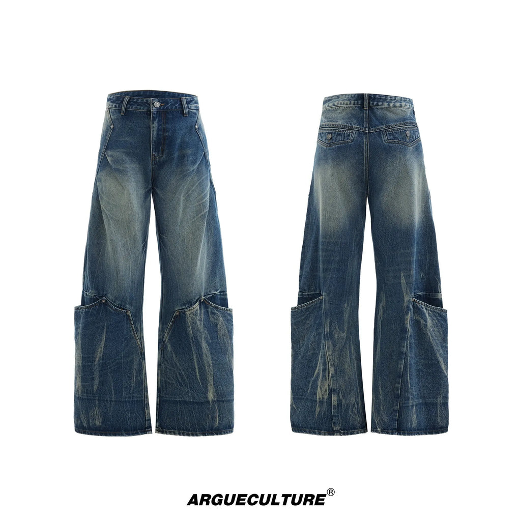 Men's retro washed burst pattern curved knife jeans in verdant blue colour showing loose fit design