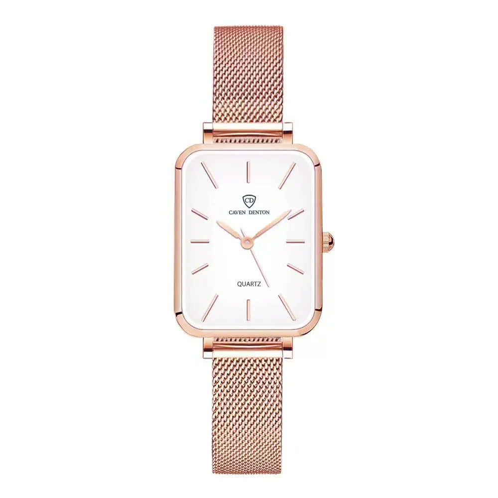 Women's waterproof quartz watch with woven steel strap in silver or rose gold colour options