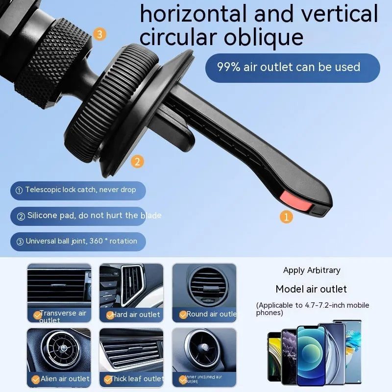 Silver alloy car air vent phone mount bracket with snap-on clips