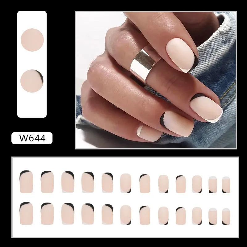 Black and white frosted false nails with mandarin duck colour design and matte finish