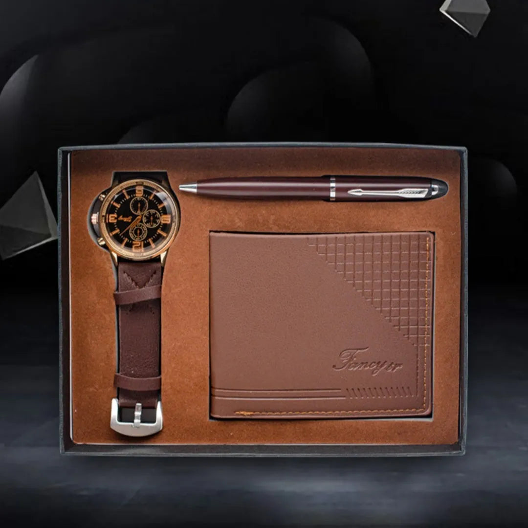 Creative Holiday Gift Set featuring a brown wallet, pen, and watch inside an elegant paper gift box.