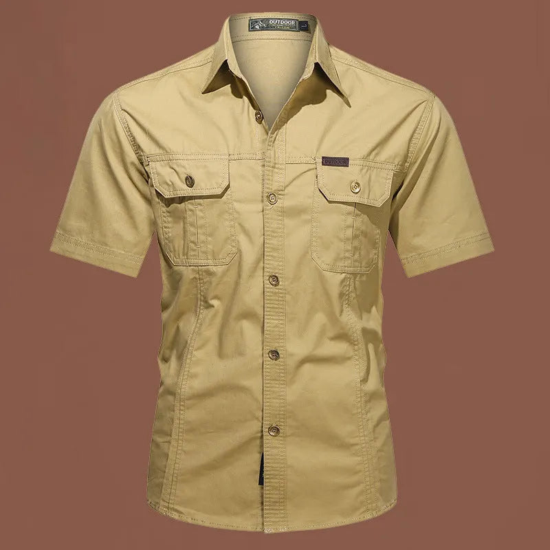 Men's short sleeve cotton work shirt in loose fit available in army green, beige, black, dark blue and other colours