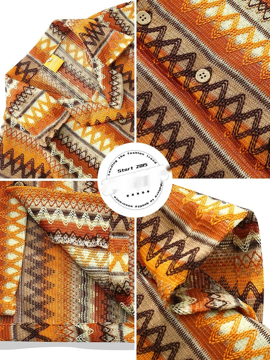 Ethnic style woven Cuban collar shirt with colour contrast and drop-shoulder sleeves