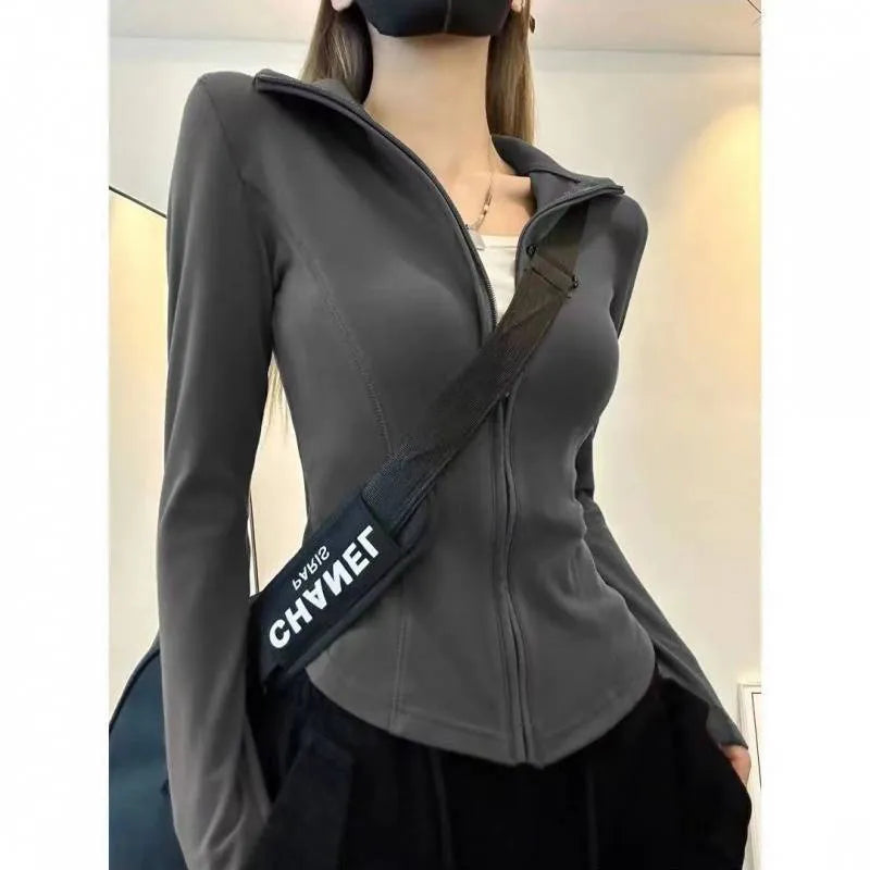 Women's slim fit Dralon zipper cardigan in grey with full zipper and flying sleeves