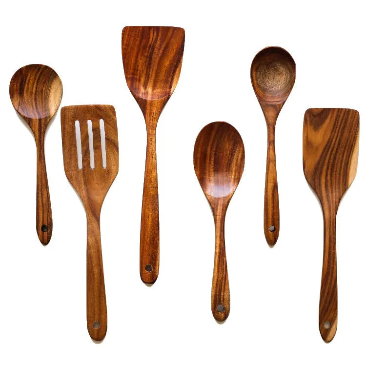 Seven-piece wooden cooking utensil set with spoon and shovel designs for non-stick pans