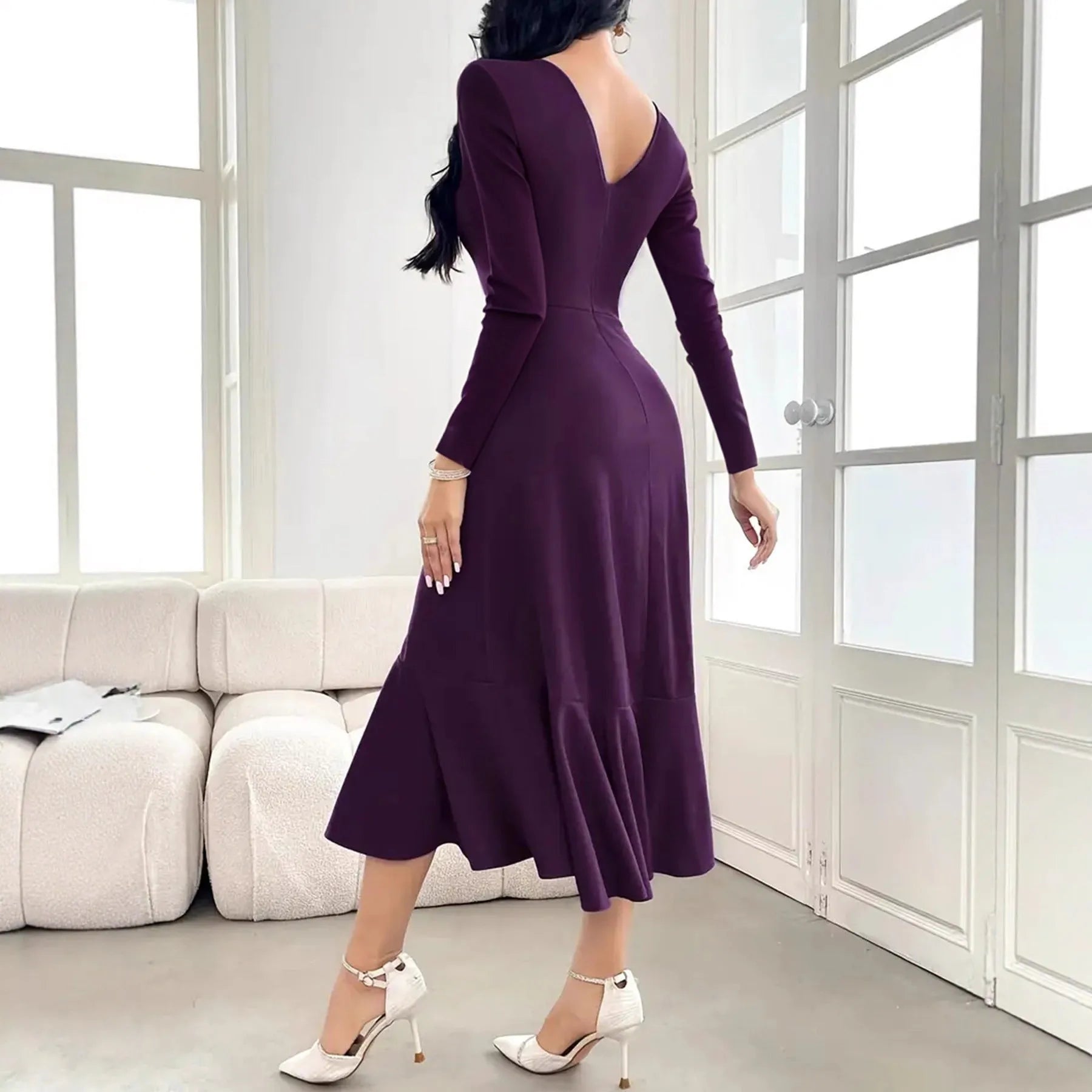 Purple women's long sleeve pullover dress with ruffles and round neck