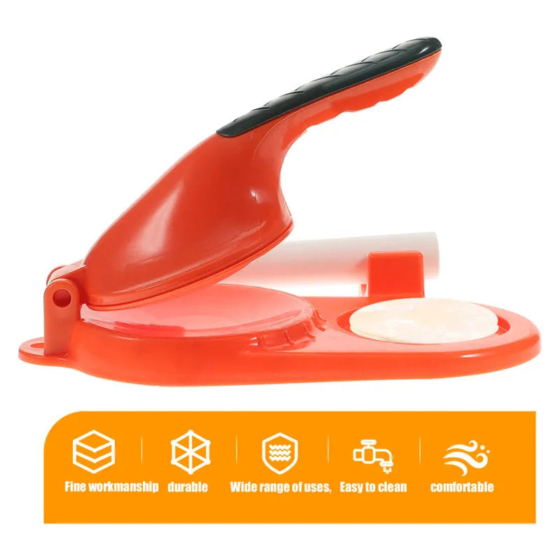 3 in 1 plastic dumpling maker with ergonomic handle and rolling pin in white on a table