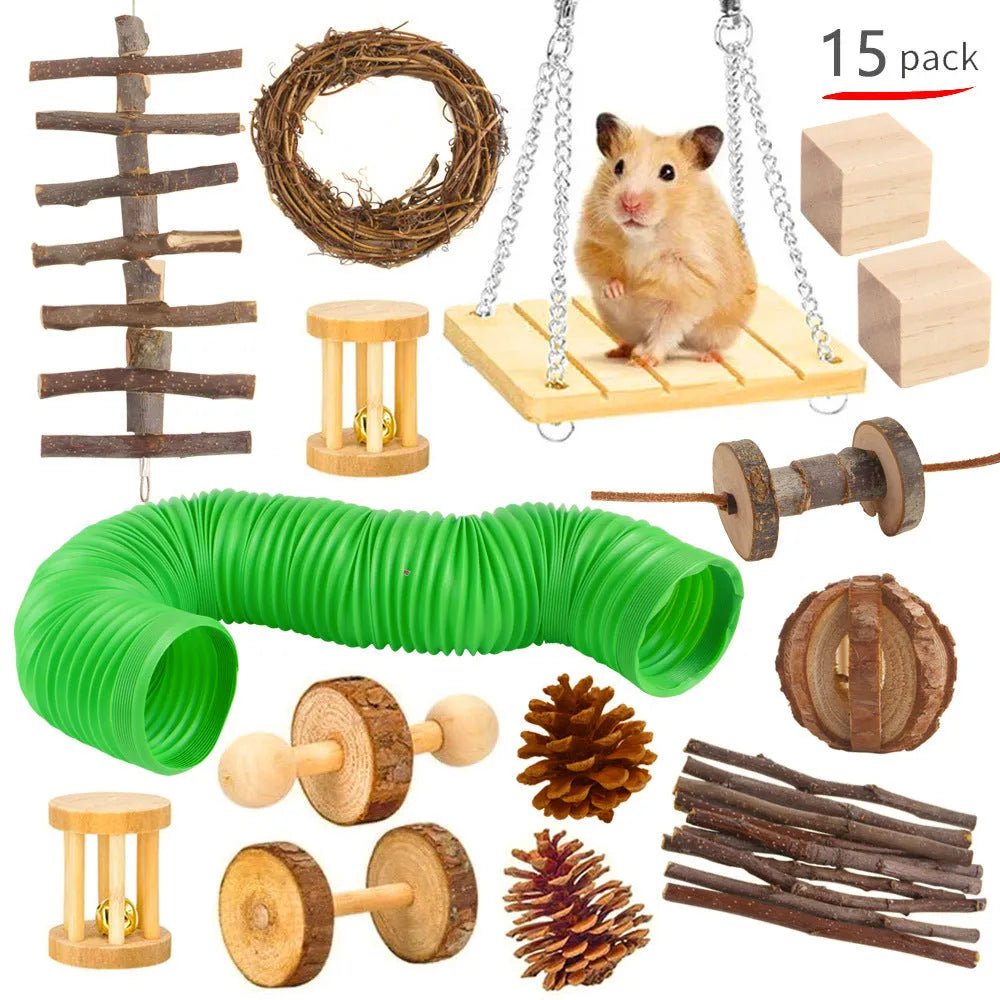 Natural wooden chewing toy set for small animals including straw mats, woven balls and plant-based components
