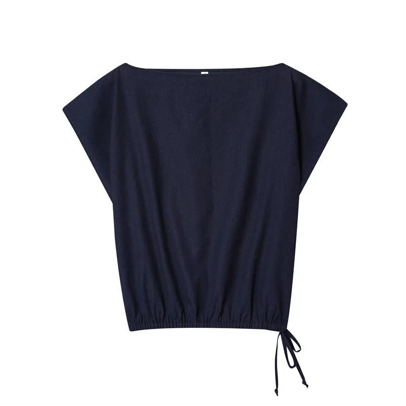 Women's linen blend off-neck shirt with flounced sleeves and wide leg trousers suit set.