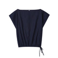 Women's linen blend off-neck shirt with flounced sleeves and wide leg trousers suit set.