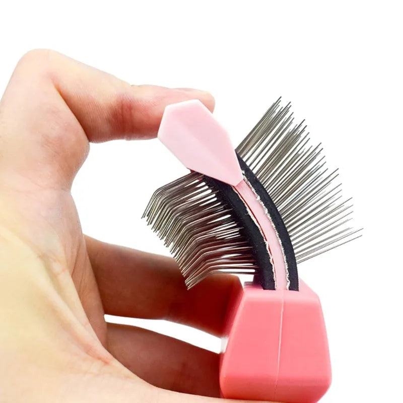 Double-sided pet grooming brush with stainless steel pins in blue or pink colour options